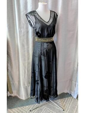 Black Chiffon Burnout Satin Rhinestone Belt Flared Party Dress 4